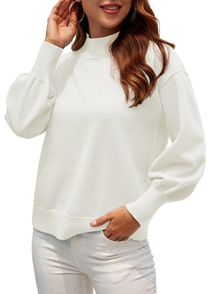 WEACZZY White Sweaters for Women Long Lantern Sleeve Mock Neck Oversized Pullover Sweater Knitted Fall Fashion Tops Off White XL - Image 4